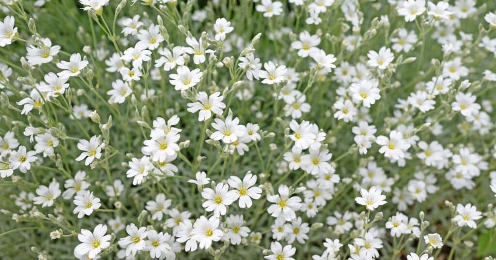 Filed of tiny white flowers. Each flower has five rounded petals with a slit at the top of each petal, and a yellow center.